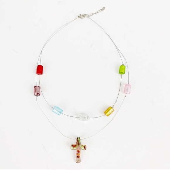 VIRTUES Handcrafted Necklace European Art Glass Faith Cross Wire - Picture 2 of 7